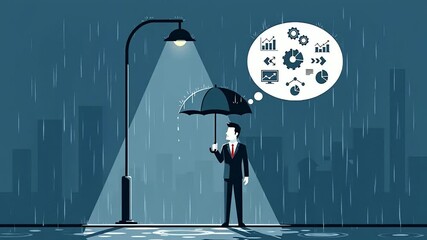 Businessman with an umbrella thinking about business strategy in the rain. - Powered by Adobe