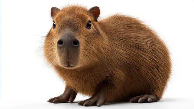 A cute capybara sits calmly on a white background, its round body covered in soft brown fur and its big dark eyes gazing forward with a gentle, curious, and peaceful expression - Powered by Adobe