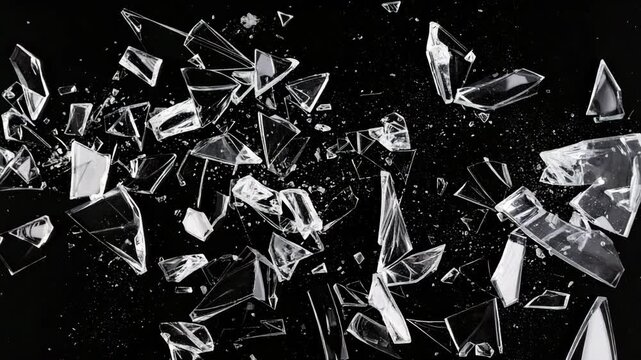 Scattered shards of clear glass on a dark background. Broken panes with sharp edges creating a chaotic abstract pattern.