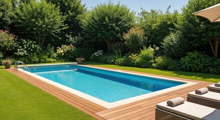 Luxurious Outdoor Swimming Pool with Deck and Lush Green Garden for Relaxation and Leisure
