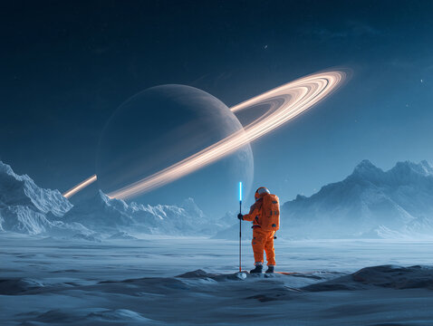 Astronaut in an orange suit stands on an icy alien planet, holding a glowing blue staff while gazing at a massive ringed planet on the horizon under a deep blue starry sky