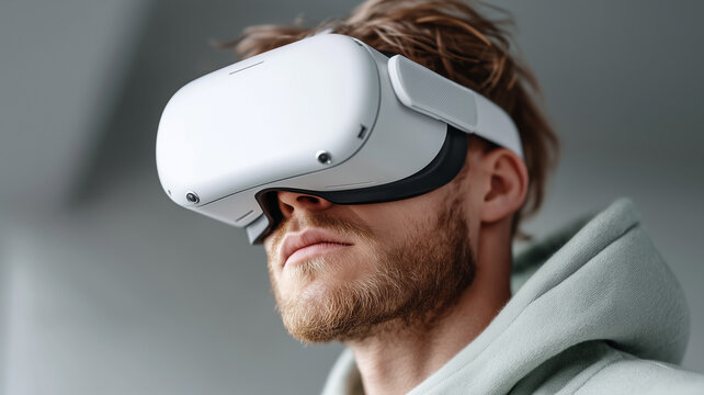 A man wearing a sleek white virtual reality headset, captured in a close-up shot. The modern VR device symbolizes innovation, immersion, and futuristic digital experience design