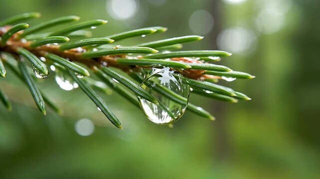 Detailed Close-up of Green Pine Branch with Sparkling Rain Drops and Dew on Needles in a Serene Forest Environment Macro Nature Footage