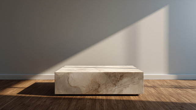 A minimalist interior featuring a large rectangular marble block in the center of a room, illuminated by natural sunlight casting geometric shadows on the wooden floor and neutral wall - Powered by Adobe