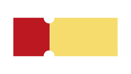 A classic ticket stub with bold red and yellow sections against a black background.