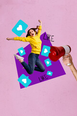 Naklejka premium Collage of crazy jumping influencer like icon with heart symbolizing internet popularity social media trends