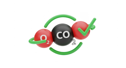 Red and black CO2 molecule with a green check mark. isolated illustration on transparent background PNG