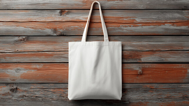 A plain white eco-friendly cotton tote bag hanging against rustic wooden boards, perfect for branding, mockups, or design presentations, symbolizing sustainability and minimalism