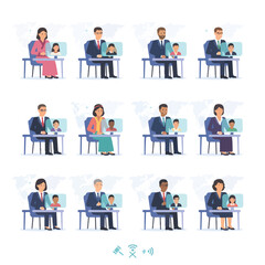 Vector set of 8 prosecutor conducting a virtual interview with an overseas witness, globalized legal system.		