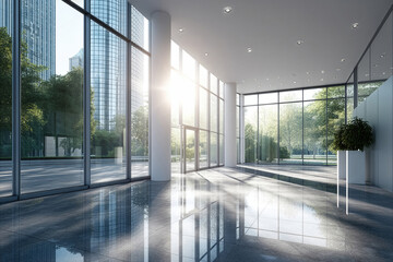 Bright and modern office lobby with large glass windows showing city skyline and green landscape during daytime