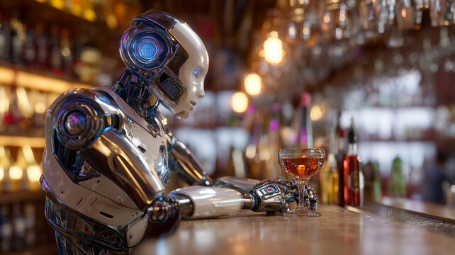 A humanoid robot sits at a bar counter with a cocktail glass, surrounded by warm lights and bottles. The scene blends futuristic AI with human-like emotions and nightlife atmosphere