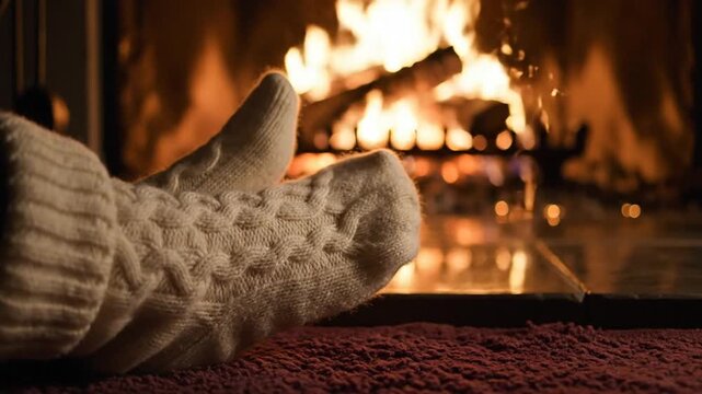 Cozy warm scene with glowing fireplace and hand in mitten