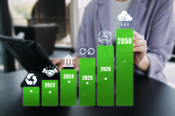 Carbon footprint Emission report graph. Carbon emission reduction target, low carbon economy concept. Green business responsibility sustainable environment development for net zero. Co2.