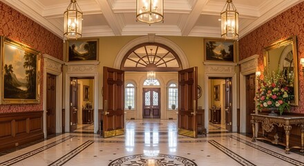 Obraz premium Elegant Hallway Interior A Grand Entrance with Classic Architecture and Artwork