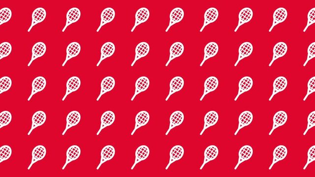 Repeating pattern of white tennis rackets on red ideal for sportsthemed designs, athletic apparel, sports equipment packaging, and sports events.