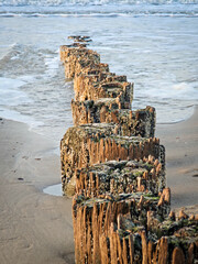 Wooden posts line the shore at sunrise, creating a striking pattern along the sandy beach
