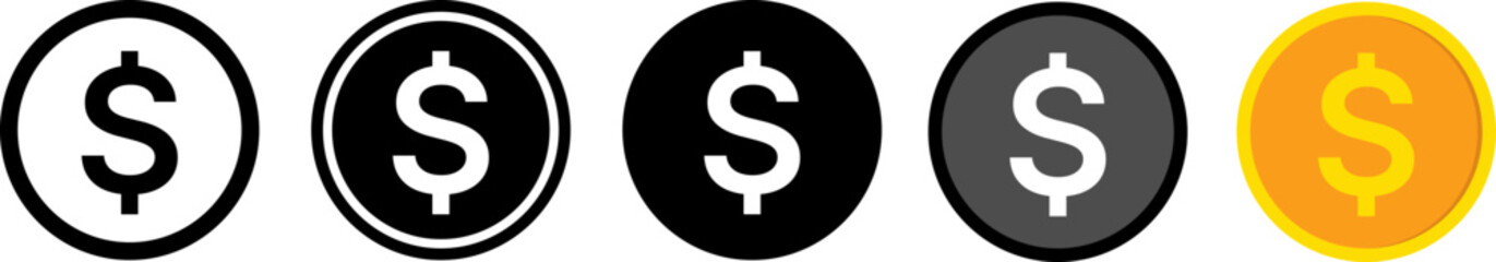 Collection of oval coins with dollar signs in various styles