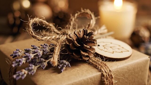 Wrapped gift with pinecone and lavender decoration