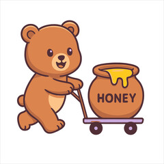Cute Bear Pushing Honey Pot - Flat Vector Logo Illustration
