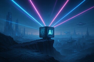 Artificial Intelligence Core: Futuristic Cityscape with Neon Beams and Data Cube on a Cliff