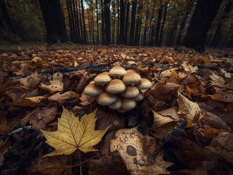 Cluster of small brown mushrooms growing amongst fallen autumn leaves on a dark forest floor - Powered by Adobe