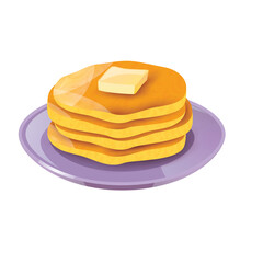 Golden Brown Pancakes Stacked High With Melting Butter And Syrup On A Purple Plate With A Transparent Background