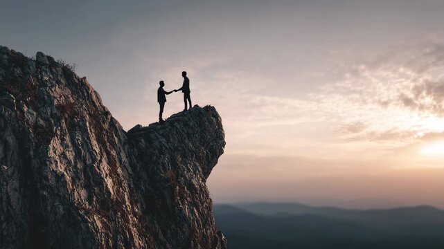Two friends support each other while standing on a rocky peak during sunset in a picturesque mountain landscape