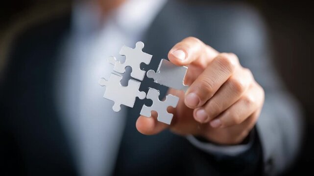 Business professional assembling puzzle pieces in a smart suit, illustrating problem-solving and teamwork skills in a modern office setting