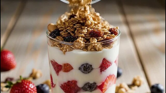 Pouring Granola Into Glass With Yogurt Berries Parfait Is Breakfast Culinary Healthy Recipe With Cereal Nutrients Diet On Wood Background