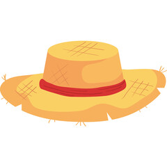 Flat Illustration Of A Straw Hat With A Red Band And Frayed Edges On A Transparent Background