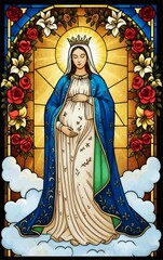 Pregnant Virgin Mary Stained Glass Illustration with Blue Mantle Flowers Crown and Golden Halo on Clouds Religious Christian Artwork of Our Lady
