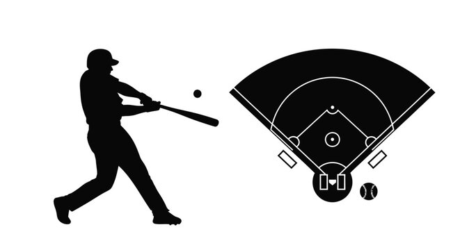 Baseball player swinging at pitch with infield diagram illustration