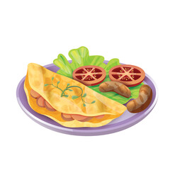 Fluffy golden omelette filled with sliced sausages and garnished with fresh herbs served with sliced tomatoes lettuce and browned sausages on a purple plate against a transparent background