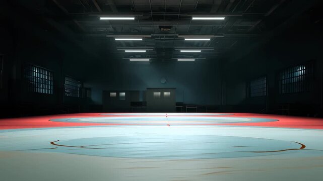 Wrestling mat illuminated in a dimly lit gym showcasing a training space for athletes during evening practice sessions