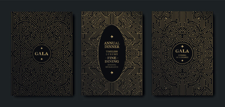 Luxury background, geometric Art Deco pattern, elegant gold line art, Gatsby border for premium gala designs. Modern vector template, VIP invitations, posters, covers, prestige event branding.