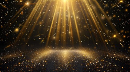 Golden light rays and sparkling stars on black background with shimmering gold-silver lights. Top-to-bottom shining light effects create luxurious celebration atmosphere