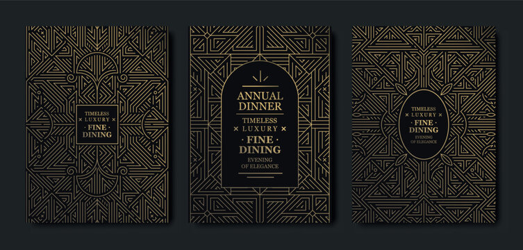 Luxury background, geometric Art Deco pattern, elegant gold line art, Gatsby border for premium gala designs. Modern vector template, VIP invitations, posters, covers, prestige event branding.