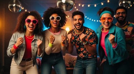 Groovy friends celebrate with wild dance moves at a retro themed disco party event