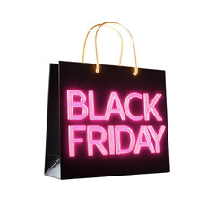 Black shopping bag with neon black friday text isolated on transparent background, perfect for seasonal retail promotions