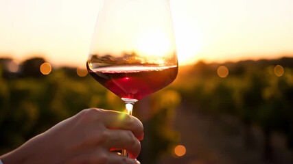 A woman holds a glass of red wine as the sun sets over a vineyard, casting a warm glow. The red wine in the glass captures the sunlight, creating a vibrant and inviting scene.
