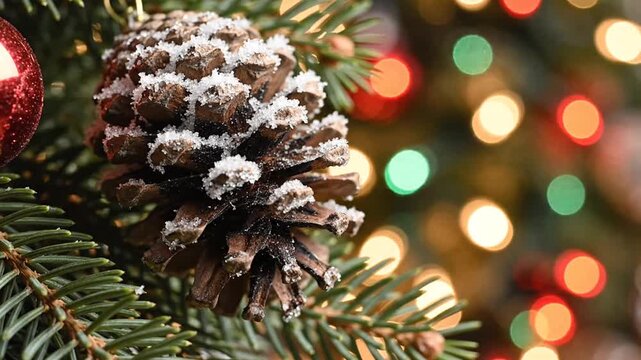Close up of pinecone on evergreen branch with bokeh lights