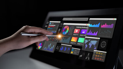 Colorful data dashboards with graphs, charts, and marketing metrics representing online campaign performance and business intelligence Parse