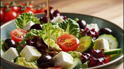 Pouring olive oil on fresh greek salad with feta cheese, cherry tomatoes, black olives and cucumbers, healthy mediterranean cuisine 4k footage