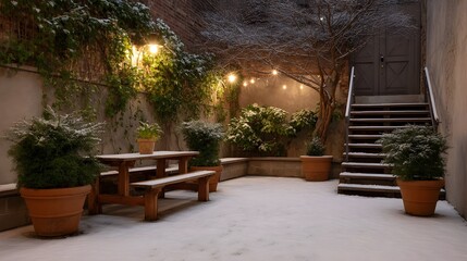 A serene winter evening in a snow dusted courtyard illuminated by string lights featuring a picnic table and potted plants