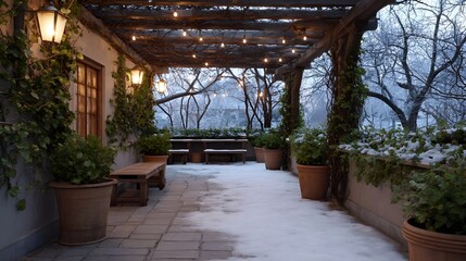 A tranquil winter terrace enveloped in twilight features glowing string lights ivy covered pillars and snow dusted potted plants