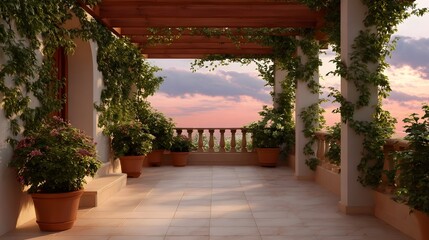 Obraz premium A serene outdoor terrace adorned with lush green vines and potted plants overlooking a beautiful sunset sky