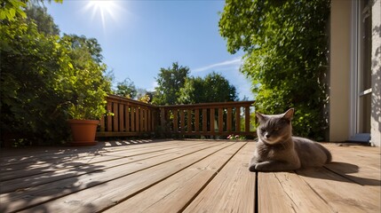 A gray cat rests on a wooden deck in a sunny garden