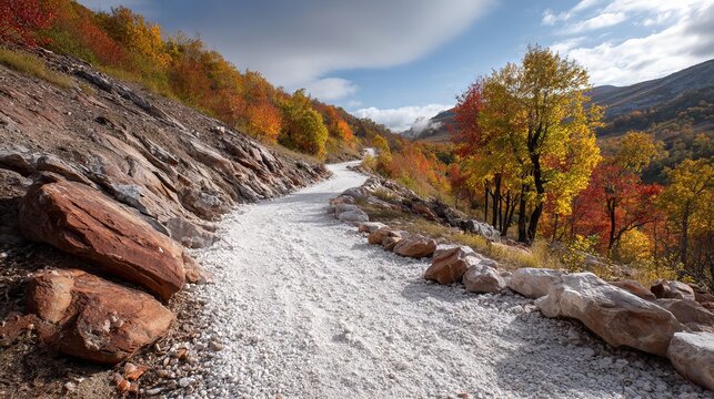 White gravel hiking trail winding up steep rocky hillside with vivid red and yellow stone formations under clear sky scenic desert mountain landscape - Powered by Adobe