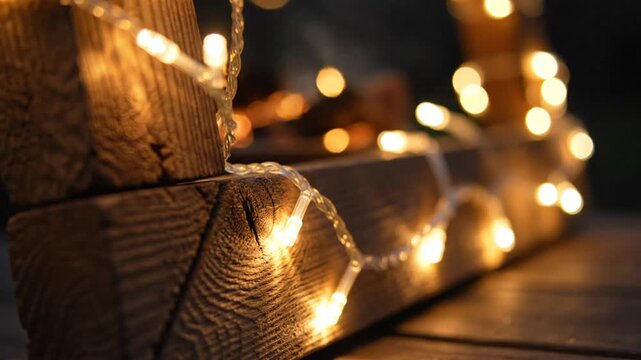 Decorative string lights on wooden structure background