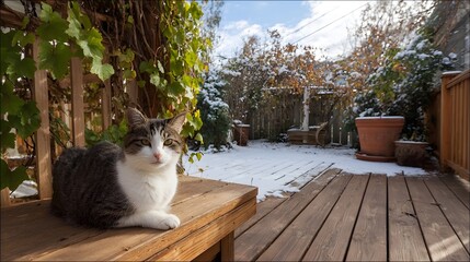 A tabby and white cat rests peacefully on a wooden deck dusted with early snow amidst a garden transitioning from autumn to winter